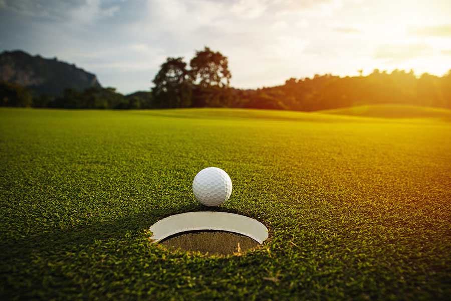 About Our Agency - Selective Focus of a White Golf Ball near Hole on Green Grass against Sunset on a Summer Day